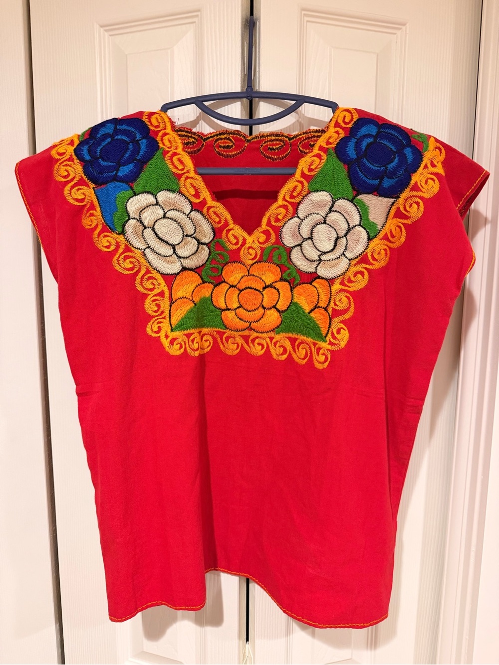 Mexican Embroidered Blouse Red Floral V-Neck Women's Top